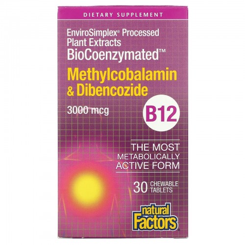 Natural Factors, BioCoenzymated, B12, метилкобаламин и дибенкозид, 3000 мкг, 30 жевательных таблеток Natural Factors, BioCoenzymated, B12, метилкобаламин и дибенкозид, 3000 мкг, 30 жевательных таблеток